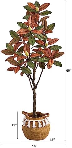 Nearly Natural 5ft Artificial Fall Magnolia Tree with Jute and Cotton Basket