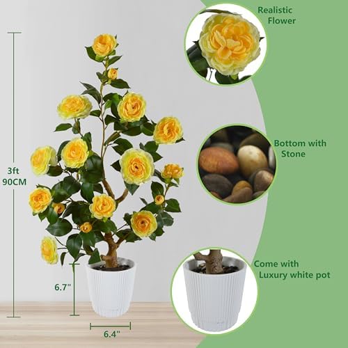Artificial Camellia Tree 3ft Yellow Flowers White Pot