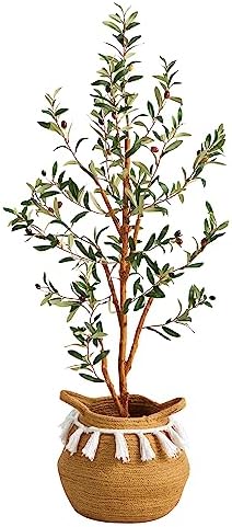 Nearly Natural 35ft Artificial Olive Tree with Jute Cotton Basket and Tassels