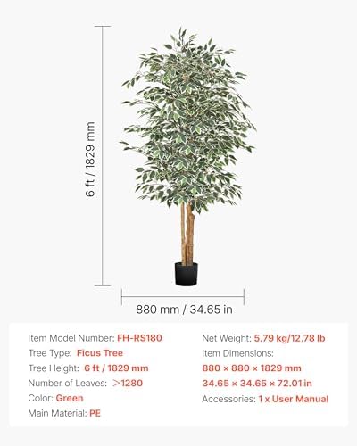 VEVOR 6FT Artificial Ficus Tree with Black Pot