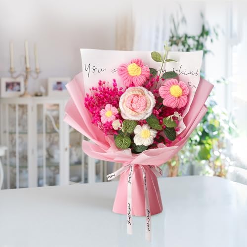 Handmade Crochet Flower Bouquet with Rose and Gypsophila
