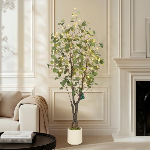 GarveeHome 5ft Artificial Eucalyptus Tree with White Planter and 50 LED Lights