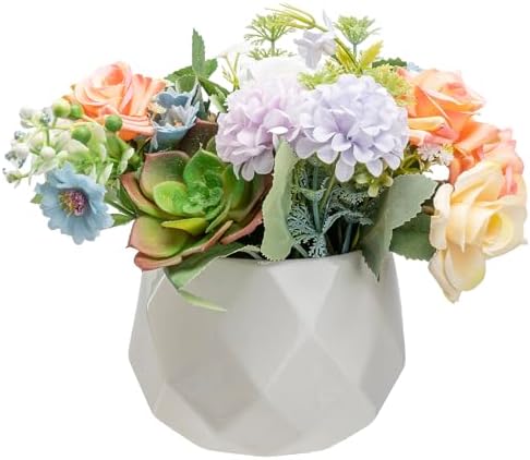 MyGift Artificial Pastel Rose with Succulent in White Ceramic Pot