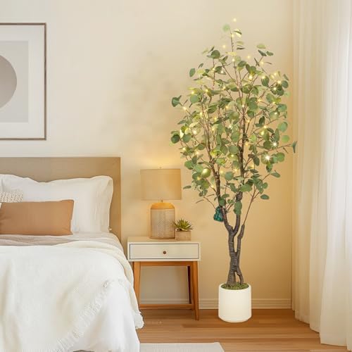 GarveeHome 5ft Artificial Eucalyptus Tree with White Planter and 50 LED Lights