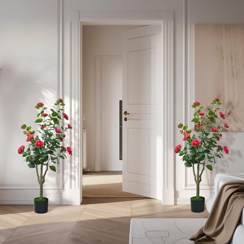 4ft Artificial Camellia Tree with White Silk Flowers - Set of 2