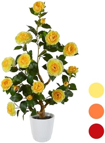Artificial Camellia Tree 3ft Yellow Flowers White Pot