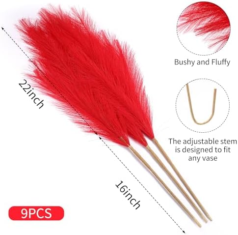 9 Stems Red Pampas Grass - 38 Inch Tall Artificial Decor