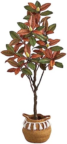 Nearly Natural 5ft Artificial Fall Magnolia Tree with Jute and Cotton Basket