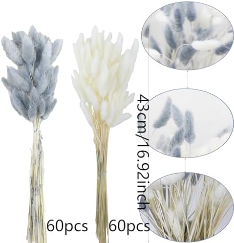 120Pcs Dried Bunny Tails Gray White Pampas Grass Boho Decor