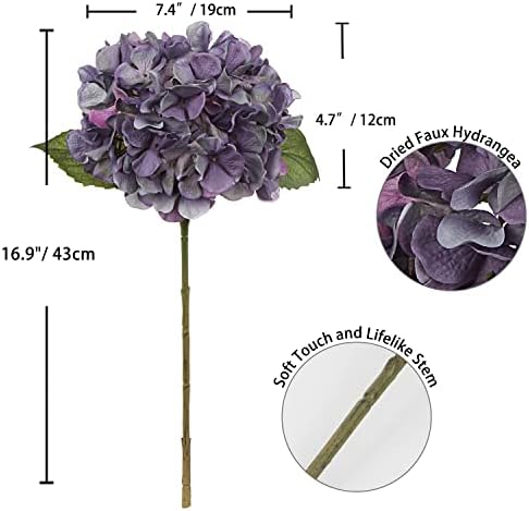 DILATATA 4 Pcs Purple Dried Touch Hydrangea Artificial Flowers 17 Inch Tall