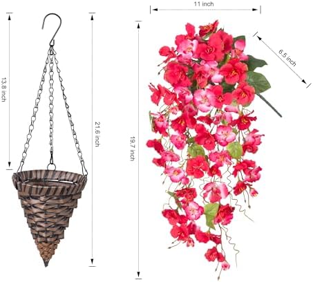 HyeFlora Fake Hanging Hibiscus Flower Basket RedPink