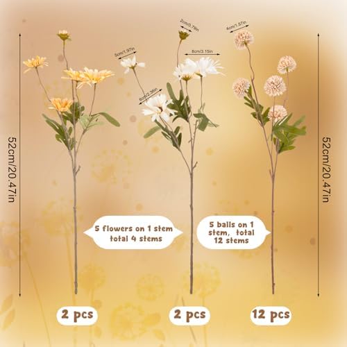 16 Pcs Realistic Dandelion and Chrysanthemum Stems for Wedding Centerpieces