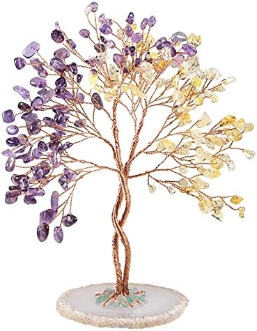 Handmade Citrine Amethyst Crystal Tree with Agate Base for Wealth and Luck