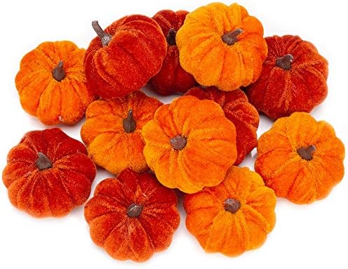 12 Pcs Artificial Orange Velvet Pumpkins Fall Decorations