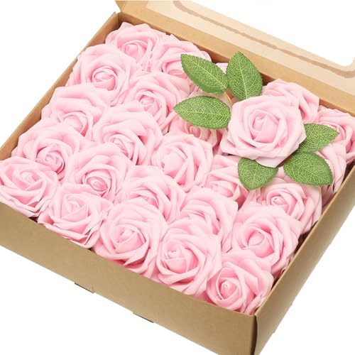 uxcell 50Pcs Fake Roses with Stems Pink 315 Inch