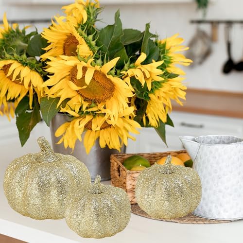 Winlyn 12 Pcs Champagne Glitter Artificial Pumpkins Fall Decor