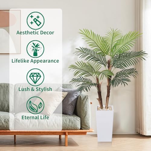5FT Artificial Palm Tree with Realistic Fiber Trunk and White Planter