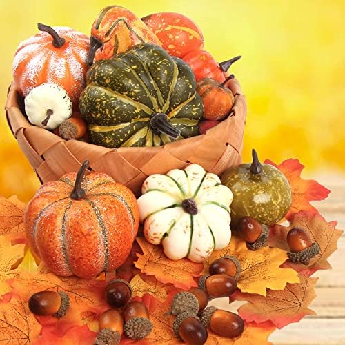 FOIMAS Mini Artificial Pumpkins with Acorns and Maple Leaves