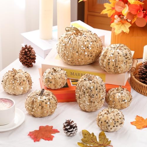Beeveer 8 Pcs Glitter Velvet Pumpkin Decor Set