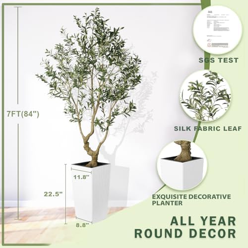 LYERSE Olive Tree 7 Feet Artificial with White Planter