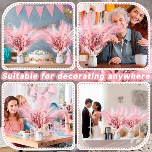 Geelin 2 Set Pink Flowers Artificial Faux Pampas Grass Bouquets with White Vase