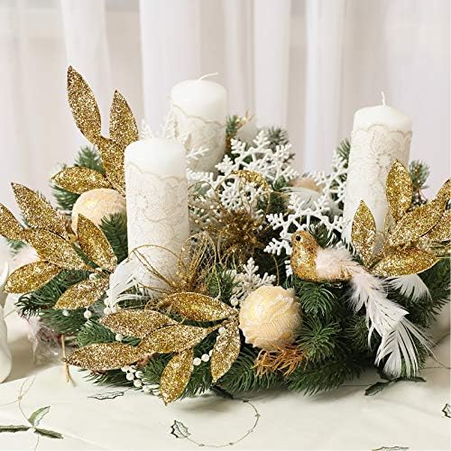 20 Pieces Gold Glitter Artificial Leaf Spray Picks 12 Inch Tall