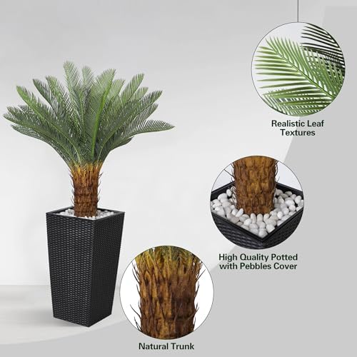 Jocoevol 4FT Artificial Cycas Tree with Planter and Decorative Rocks
