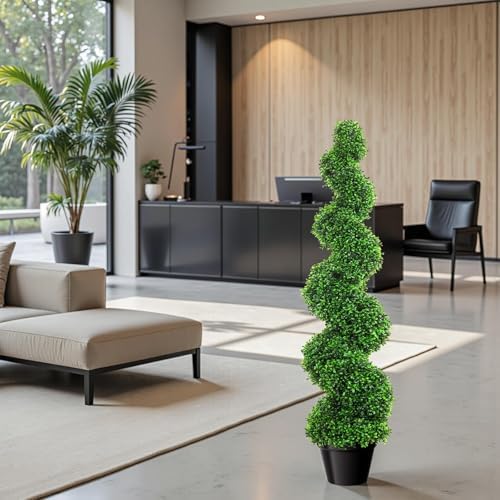 5 Foot Artificial Boxwood Spiral Topiary Tree with Replaceable Leaves