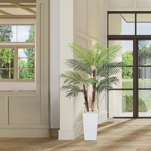 5FT Artificial Palm Tree with Realistic Fiber Trunk and White Planter