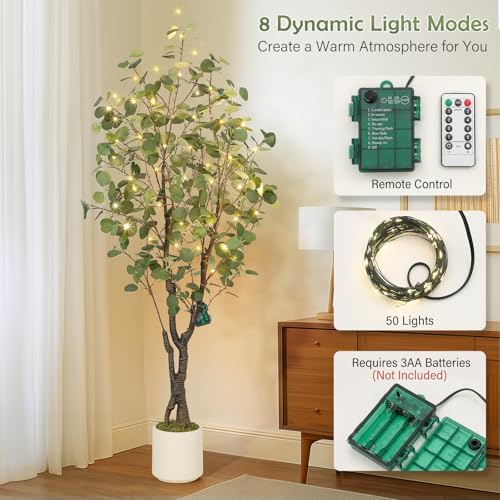 GarveeHome 5ft Artificial Eucalyptus Tree with White Planter and 50 LED Lights