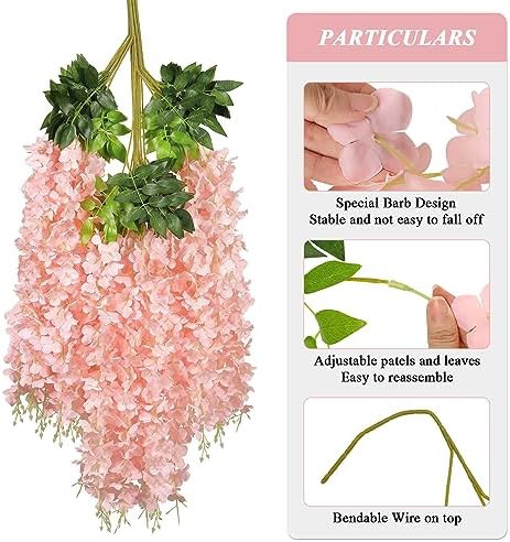 Pauwer Wisteria Hanging Flowers 24 Pack Blush Pink
