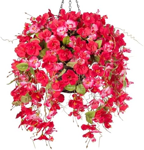HyeFlora Fake Hanging Hibiscus Flower Basket RedPink