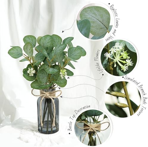 Artificial Eucalyptus Stems in Black Vase with Faux Water