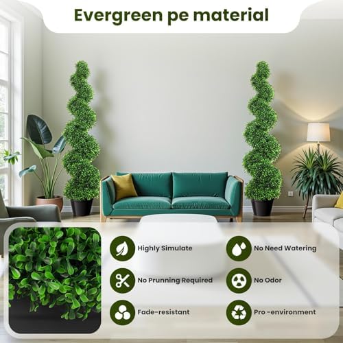 5 Foot Artificial Boxwood Spiral Topiary Tree with Replaceable Leaves