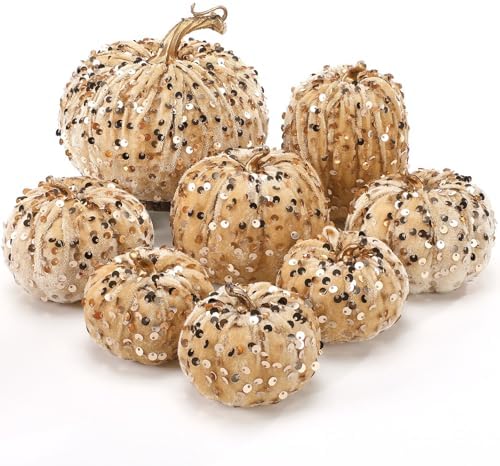 Beeveer 8 Pcs Glitter Velvet Pumpkin Decor Set