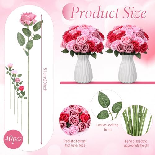 Hotop 40 Pcs Gradient Pink Silk Roses Bulk for Home Wedding Centerpieces