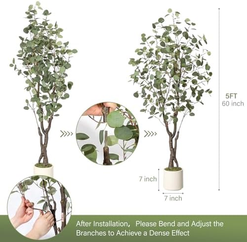 GarveeHome 5ft Artificial Eucalyptus Tree with White Planter and 50 LED Lights