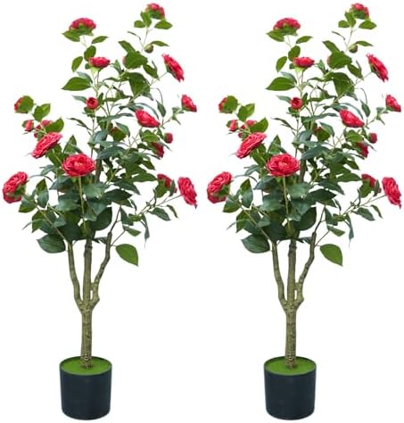 4ft Artificial Camellia Tree with White Silk Flowers - Set of 2