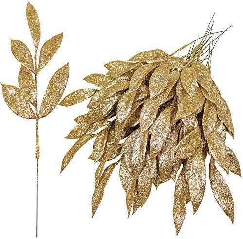 20 Pieces Gold Glitter Artificial Leaf Spray Picks 12 Inch Tall