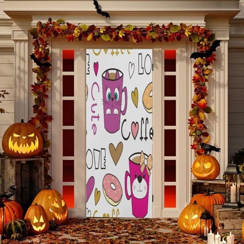Susiyo Halloween Cat Door Cover Coffee Cups 32x79 in