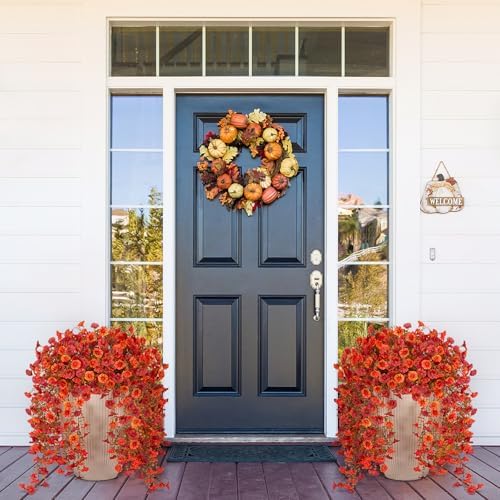 Artificial Fall Hanging Flowers 2pcs Orange Red
