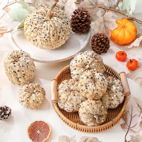 Beeveer 8 Pcs Glitter Velvet Pumpkin Decor Set