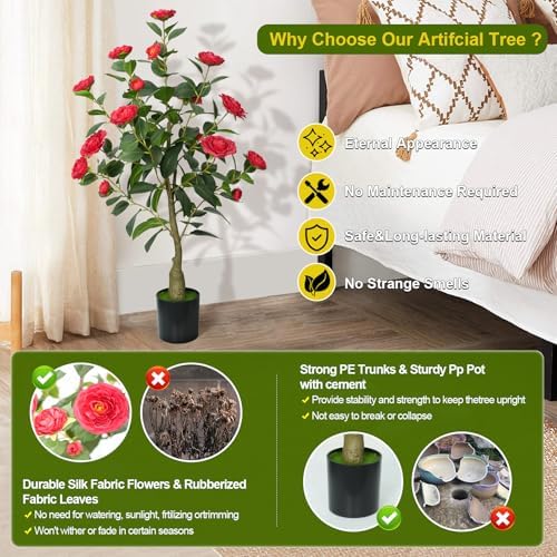 4ft Artificial Camellia Tree with White Silk Flowers - Set of 2