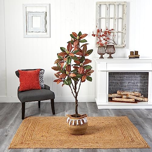 Nearly Natural 5ft Artificial Fall Magnolia Tree with Jute and Cotton Basket