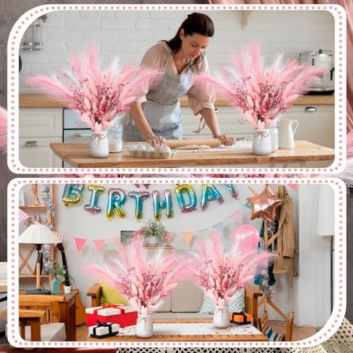 Geelin 2 Set Pink Flowers Artificial Faux Pampas Grass Bouquets with White Vase