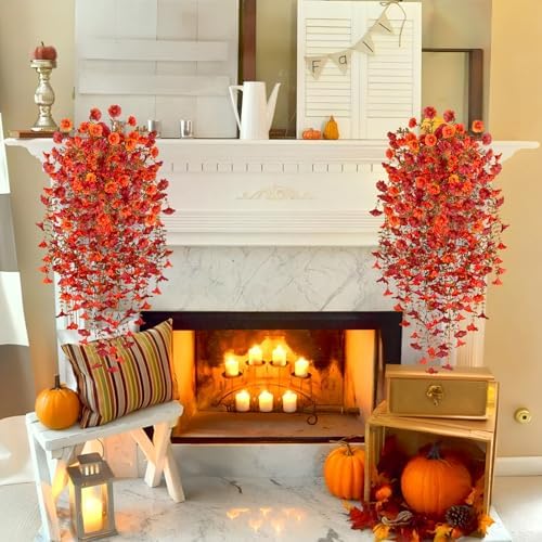 Artificial Fall Hanging Flowers 2pcs Orange Red