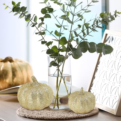 Winlyn 12 Pcs Champagne Glitter Artificial Pumpkins Fall Decor