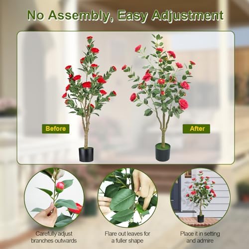 4ft Artificial Camellia Tree with White Silk Flowers - Set of 2