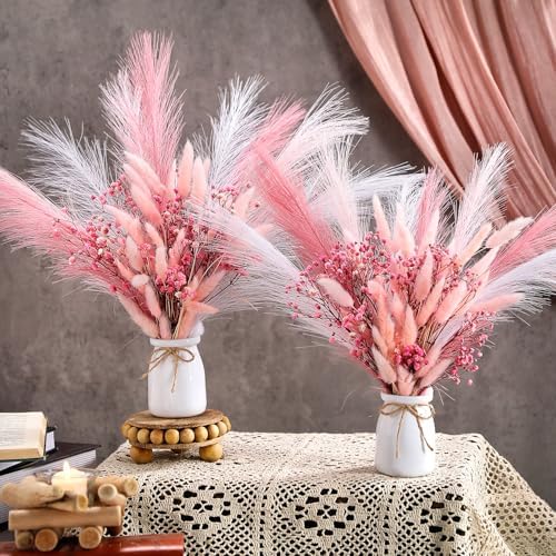 Geelin 2 Set Pink Flowers Artificial Faux Pampas Grass Bouquets with White Vase