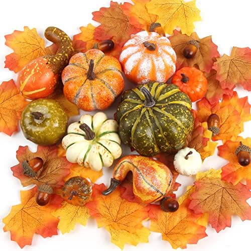 FOIMAS Mini Artificial Pumpkins with Acorns and Maple Leaves